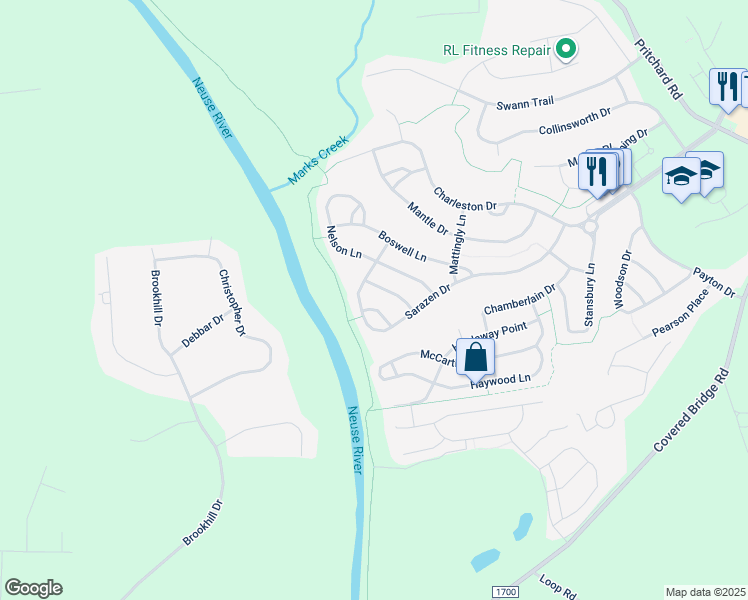 map of restaurants, bars, coffee shops, grocery stores, and more near 117 Wright Lane in Clayton