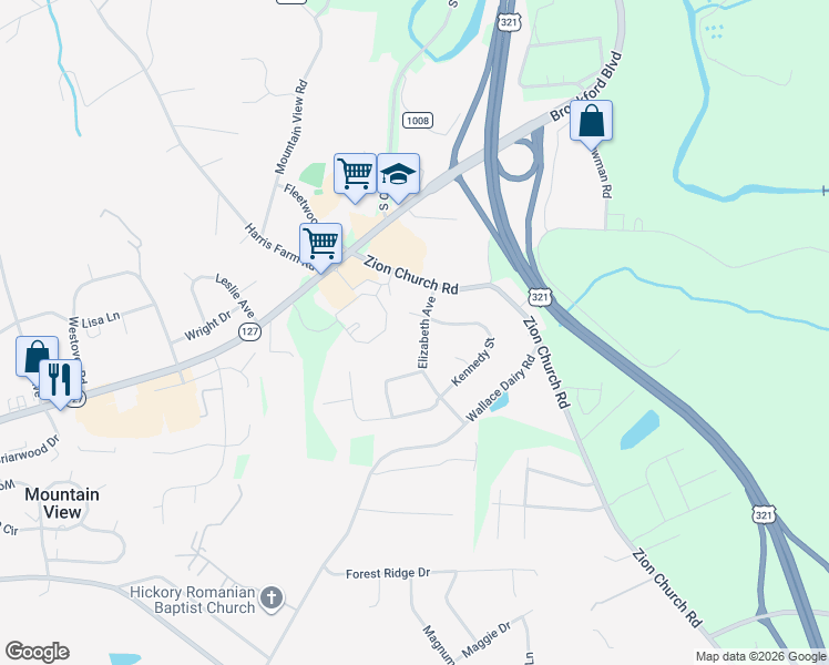 map of restaurants, bars, coffee shops, grocery stores, and more near 2041-2055 Elizabeth Avenue in Hickory