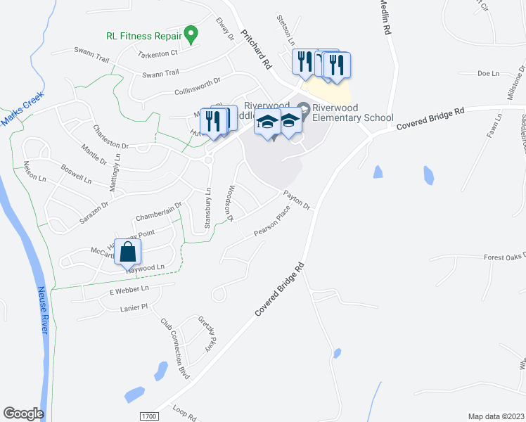 map of restaurants, bars, coffee shops, grocery stores, and more near 533 Woodson Drive in Clayton