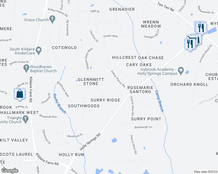 map of restaurants, bars, coffee shops, grocery stores, and more near 4111 Mittglen Lane in Cary