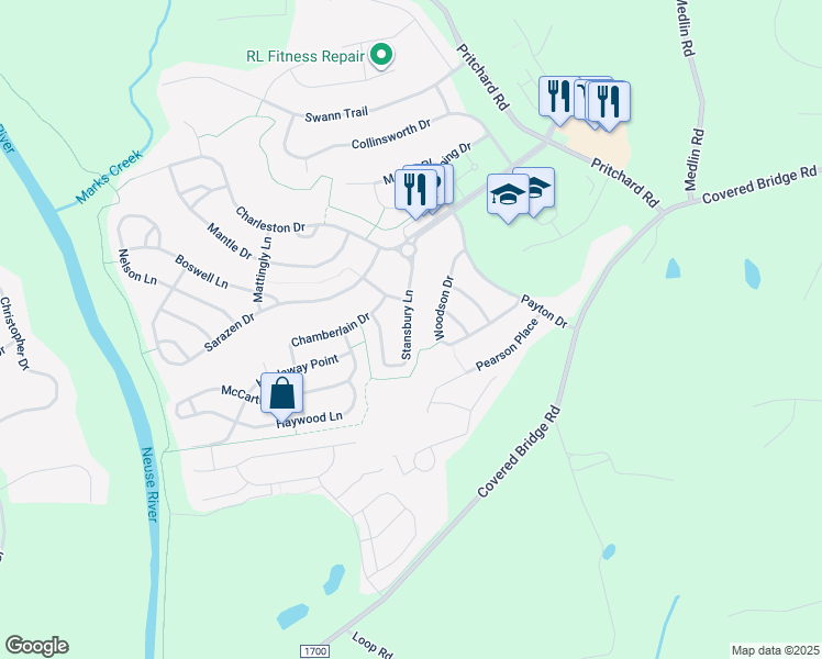map of restaurants, bars, coffee shops, grocery stores, and more near 220 Stansbury Lane in Clayton