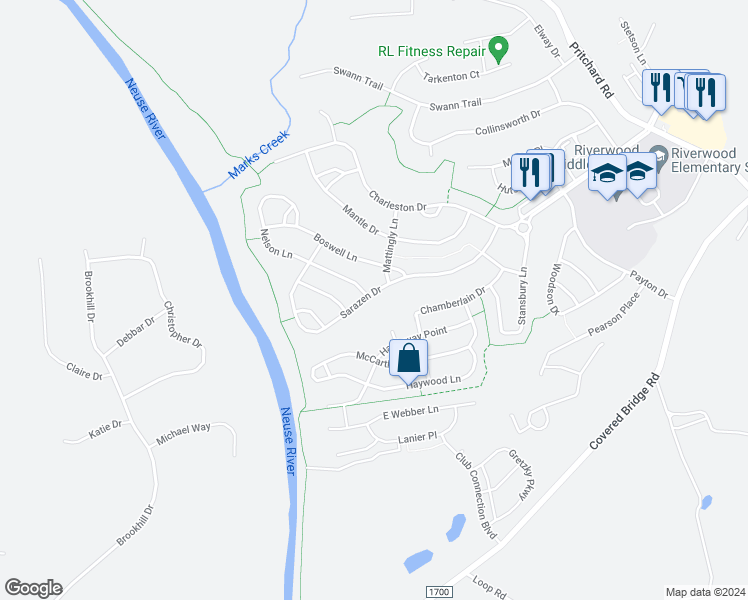 map of restaurants, bars, coffee shops, grocery stores, and more near 412 Sarazen Drive in Clayton
