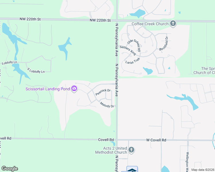 map of restaurants, bars, coffee shops, grocery stores, and more near 2150 Scissortail Landing Drive in Edmond