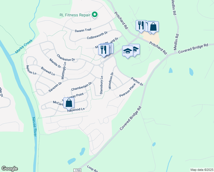 map of restaurants, bars, coffee shops, grocery stores, and more near 341 Woodson Drive in Clayton