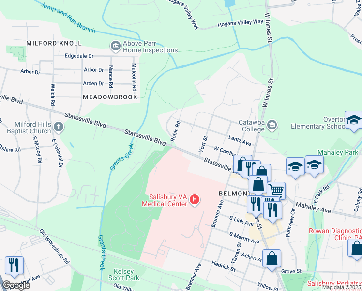map of restaurants, bars, coffee shops, grocery stores, and more near 428 Statesville Boulevard in Salisbury