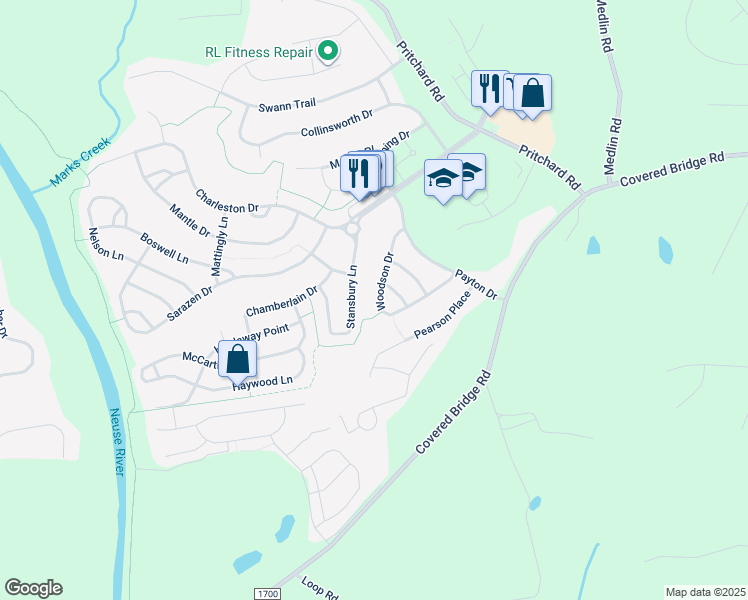 map of restaurants, bars, coffee shops, grocery stores, and more near 341 Woodson Drive in Clayton