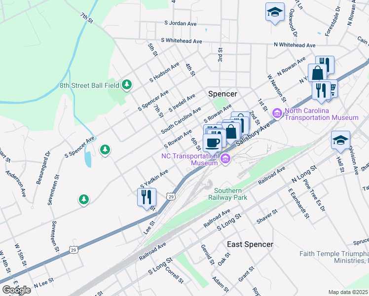 map of restaurants, bars, coffee shops, grocery stores, and more near 610 South Yadkin Avenue in Spencer