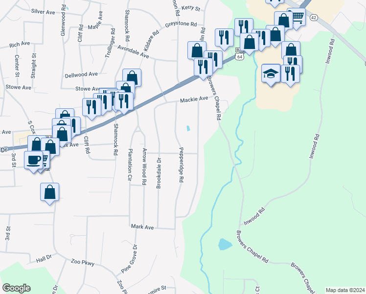 map of restaurants, bars, coffee shops, grocery stores, and more near 1327 Pepperidge Road in Asheboro
