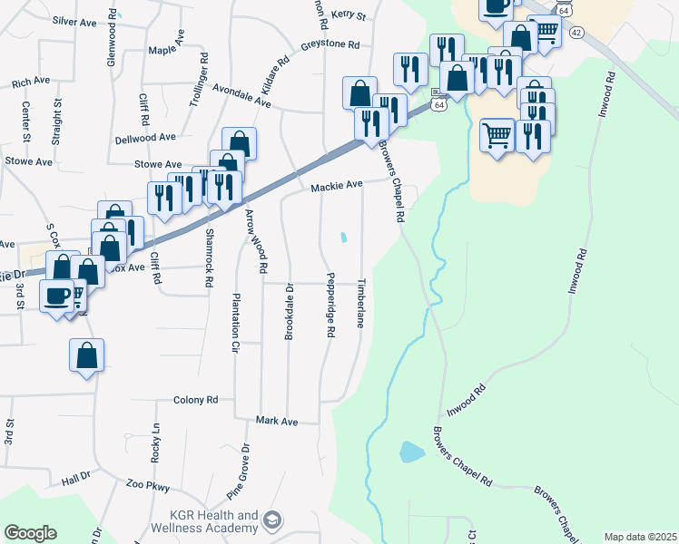 map of restaurants, bars, coffee shops, grocery stores, and more near 1327 Pepperidge Road in Asheboro