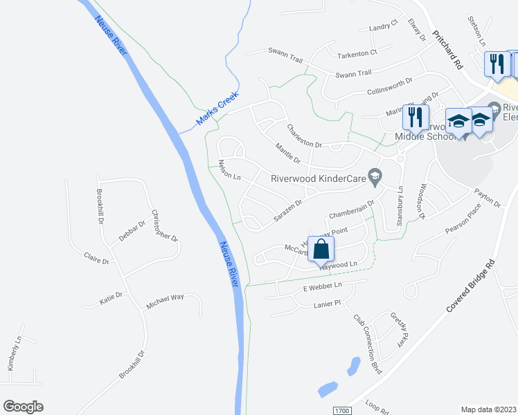 map of restaurants, bars, coffee shops, grocery stores, and more near 112 Spalding Lane in Clayton