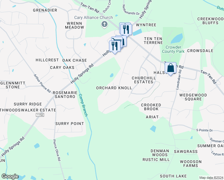 map of restaurants, bars, coffee shops, grocery stores, and more near 6805 Tavernier Court in Apex