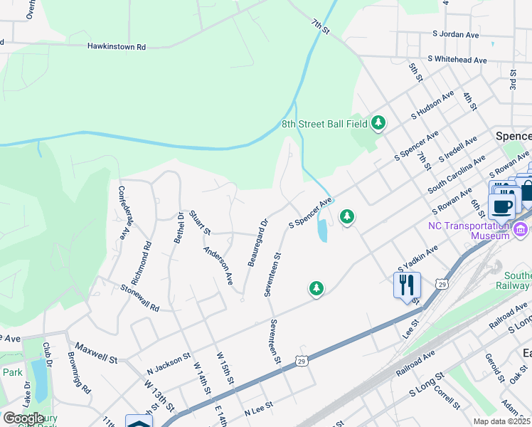 map of restaurants, bars, coffee shops, grocery stores, and more near 14 Beauregard Drive in Spencer