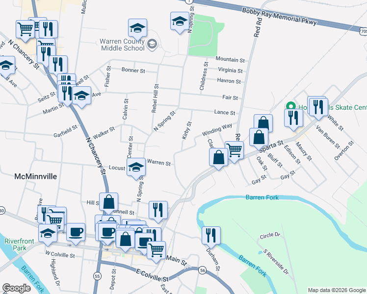 map of restaurants, bars, coffee shops, grocery stores, and more near 202 Winding Way in McMinnville