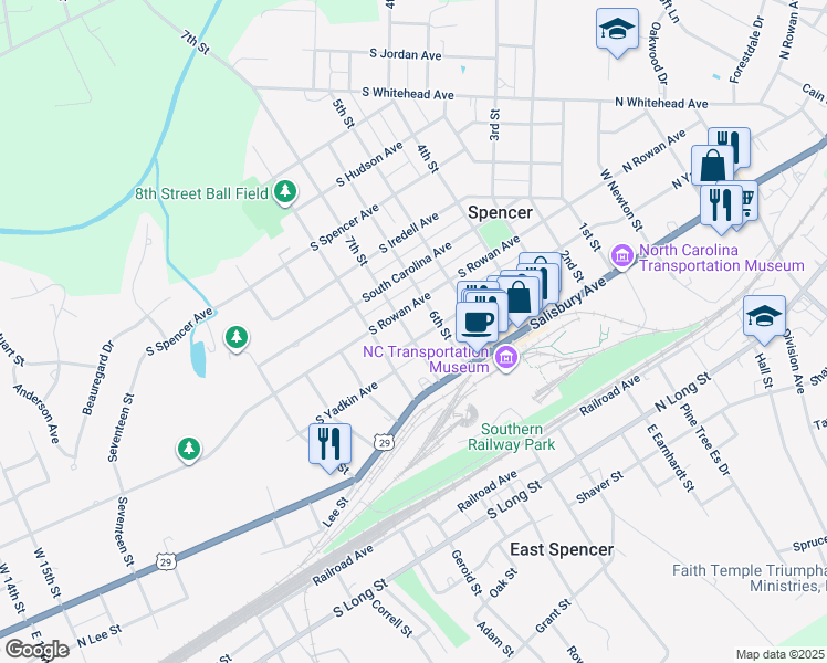 map of restaurants, bars, coffee shops, grocery stores, and more near 610 South Yadkin Avenue in Spencer
