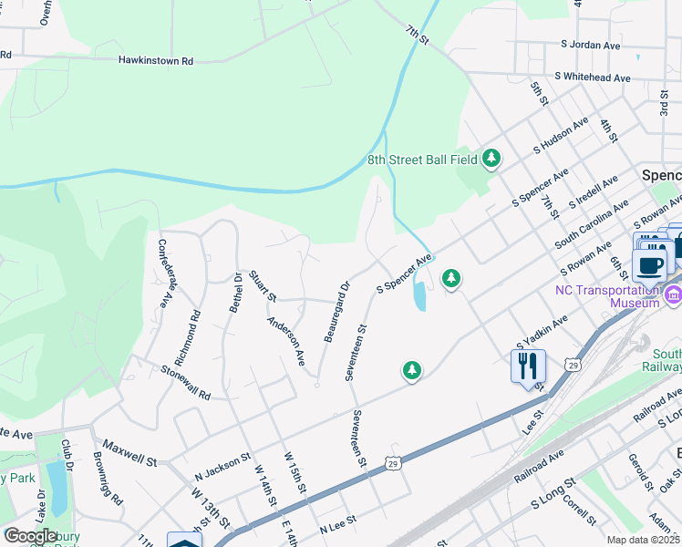 map of restaurants, bars, coffee shops, grocery stores, and more near 14 Beauregard Drive in Spencer