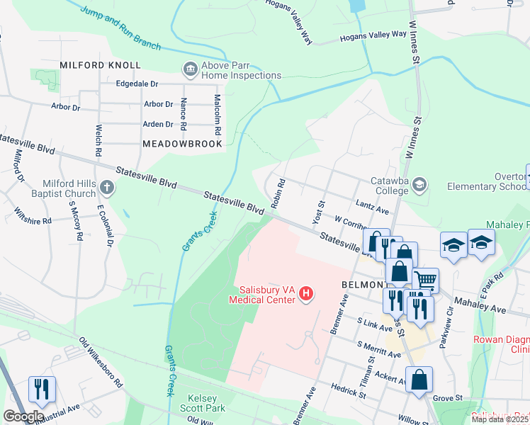 map of restaurants, bars, coffee shops, grocery stores, and more near 428 Statesville Boulevard in Salisbury