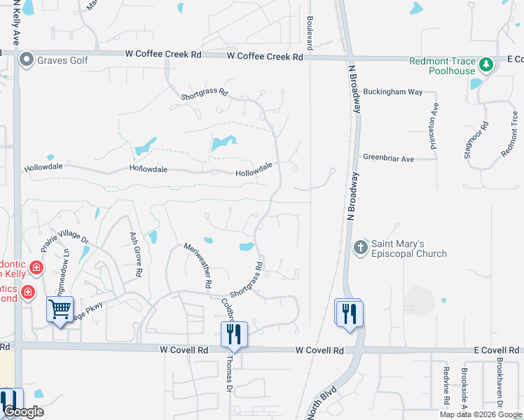 map of restaurants, bars, coffee shops, grocery stores, and more near 3357 Shortgrass Road in Edmond