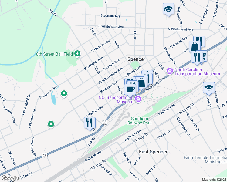 map of restaurants, bars, coffee shops, grocery stores, and more near 608 South Yadkin Avenue in Spencer