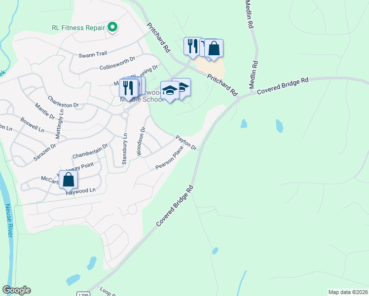 map of restaurants, bars, coffee shops, grocery stores, and more near 104 Pearson Place in Clayton