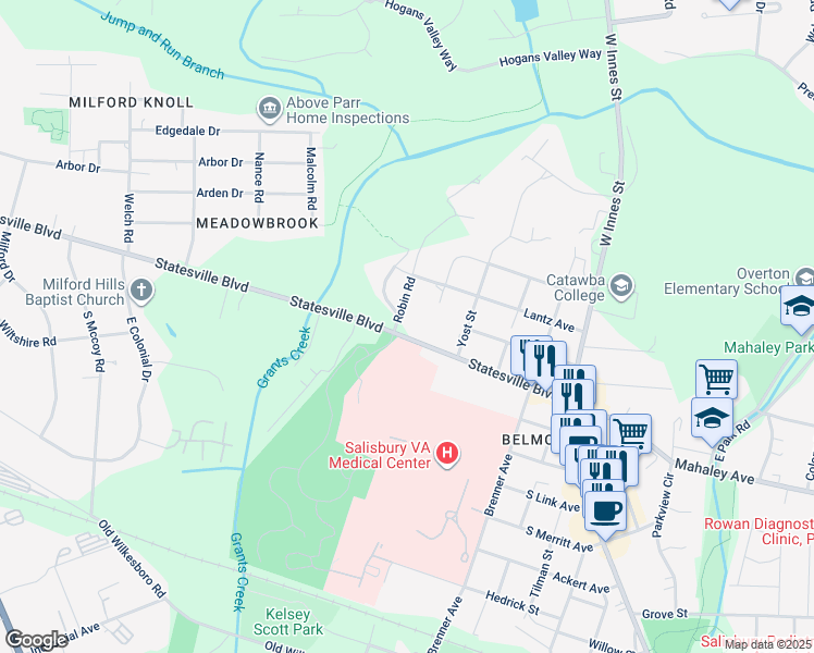 map of restaurants, bars, coffee shops, grocery stores, and more near 2004 Robin Road in Salisbury