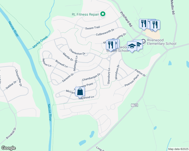 map of restaurants, bars, coffee shops, grocery stores, and more near 217 Chamberlain Drive in Clayton