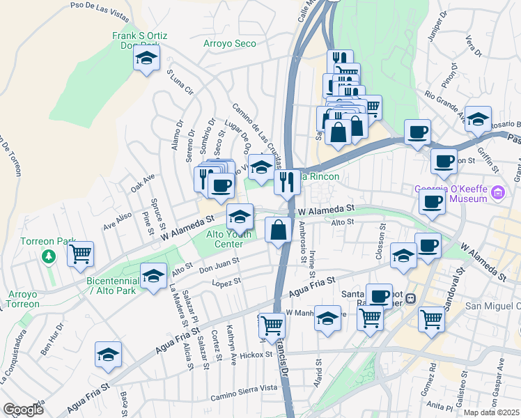 map of restaurants, bars, coffee shops, grocery stores, and more near 851 West Alameda Street in Santa Fe