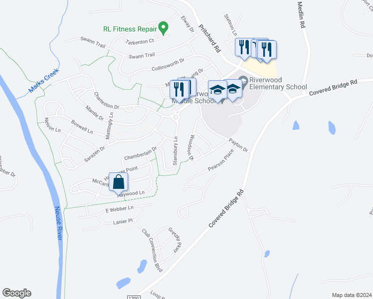 map of restaurants, bars, coffee shops, grocery stores, and more near 329 Woodson Drive in Clayton