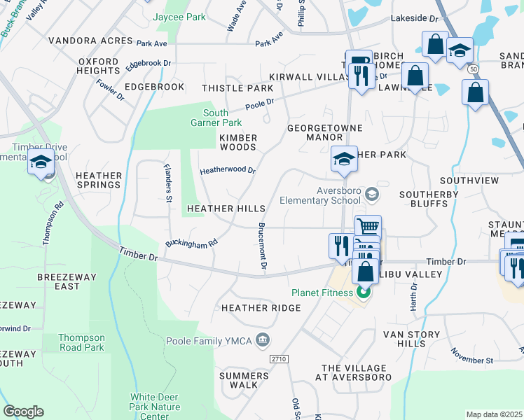 map of restaurants, bars, coffee shops, grocery stores, and more near 1130 Brucemont Drive in Garner