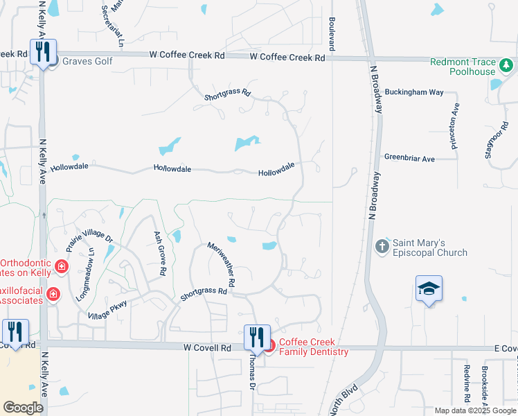 map of restaurants, bars, coffee shops, grocery stores, and more near 3317 Heritage Green Trail in Edmond