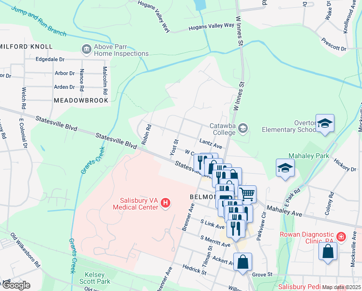 map of restaurants, bars, coffee shops, grocery stores, and more near 320 West Corriher Avenue in Salisbury