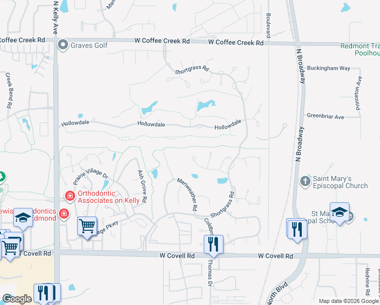 map of restaurants, bars, coffee shops, grocery stores, and more near 417 Heritage Green Road in Edmond
