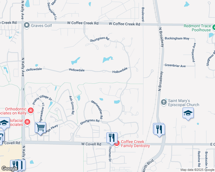 map of restaurants, bars, coffee shops, grocery stores, and more near 3317 Heritage Green Trail in Edmond