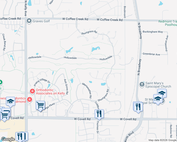 map of restaurants, bars, coffee shops, grocery stores, and more near 417 Heritage Green Road in Edmond