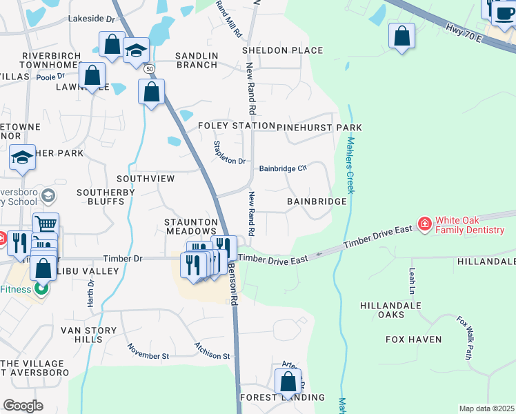 map of restaurants, bars, coffee shops, grocery stores, and more near 101 Bournemouth Lane in Garner