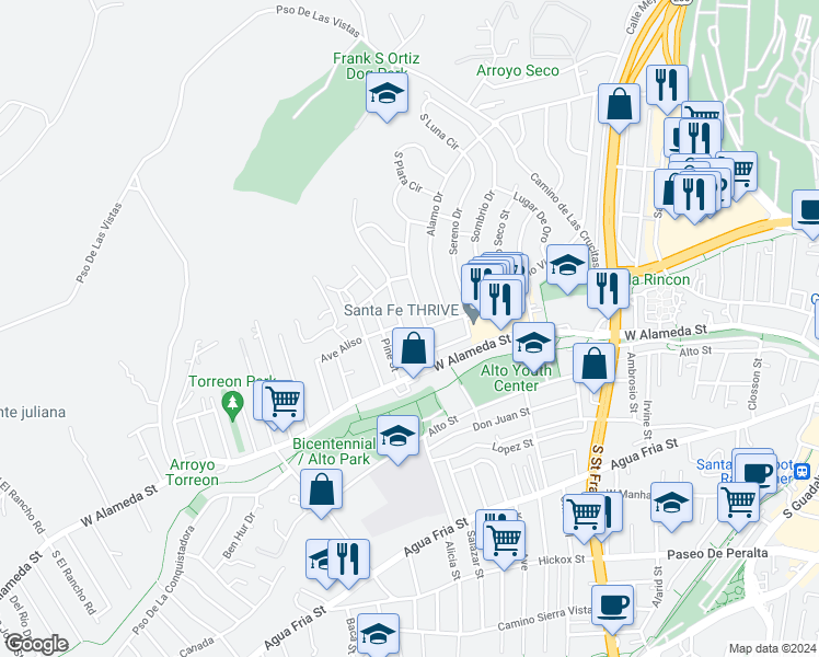 map of restaurants, bars, coffee shops, grocery stores, and more near 115 Spruce Street in Santa Fe