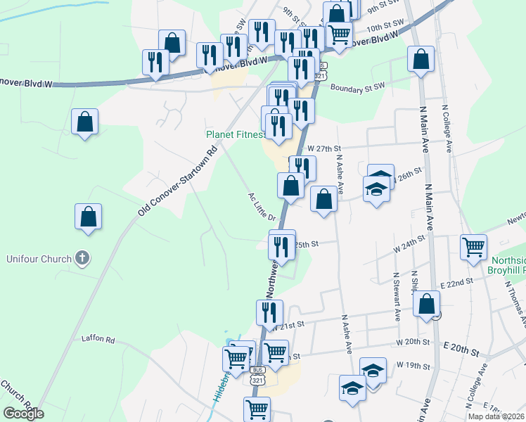 map of restaurants, bars, coffee shops, grocery stores, and more near 710 Ac Little Drive in Newton