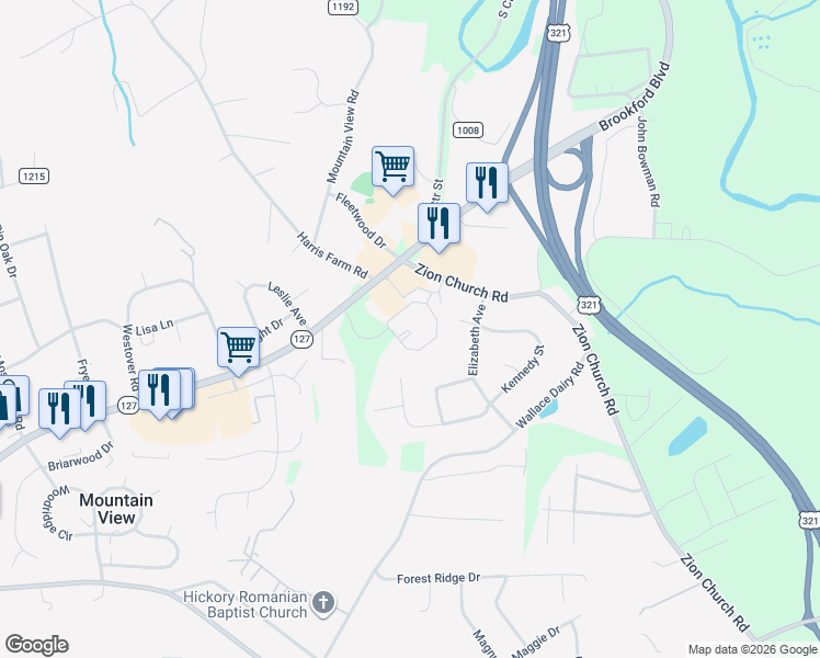 map of restaurants, bars, coffee shops, grocery stores, and more near 1037 Zion Church Road in Hickory