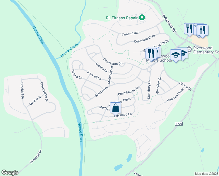 map of restaurants, bars, coffee shops, grocery stores, and more near 400 Sarazen Drive in Clayton