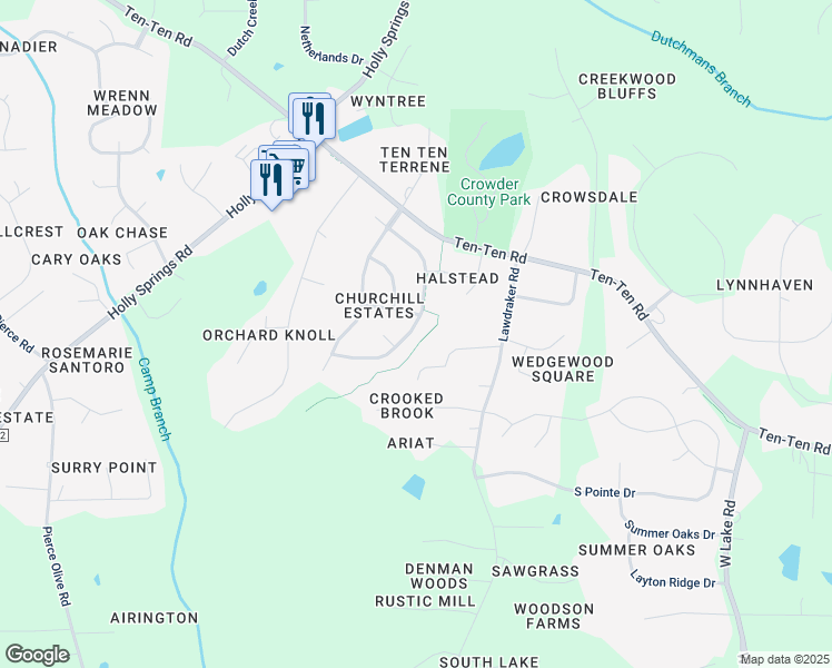 map of restaurants, bars, coffee shops, grocery stores, and more near 905 Cambridge Hall Loop in Apex