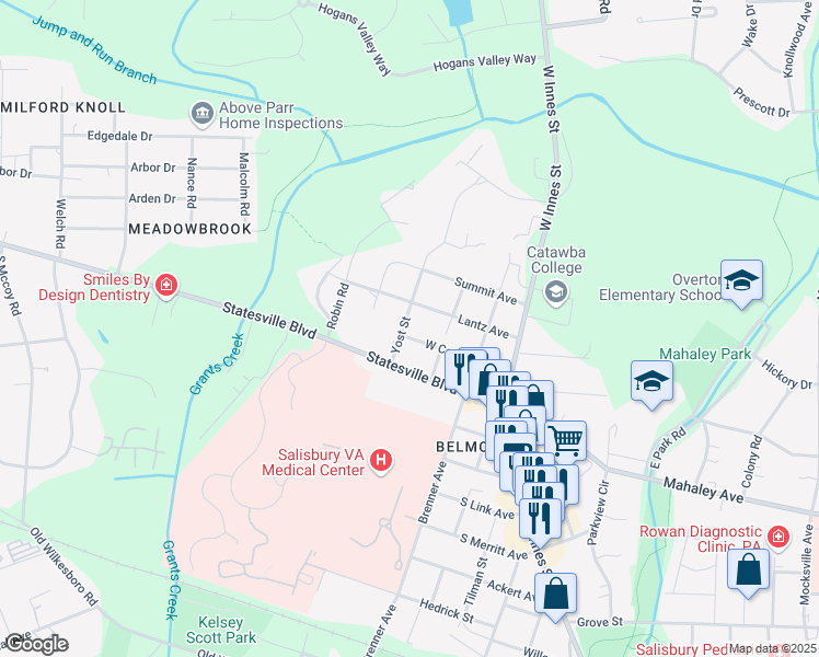 map of restaurants, bars, coffee shops, grocery stores, and more near 328 West Corriher Avenue in Salisbury