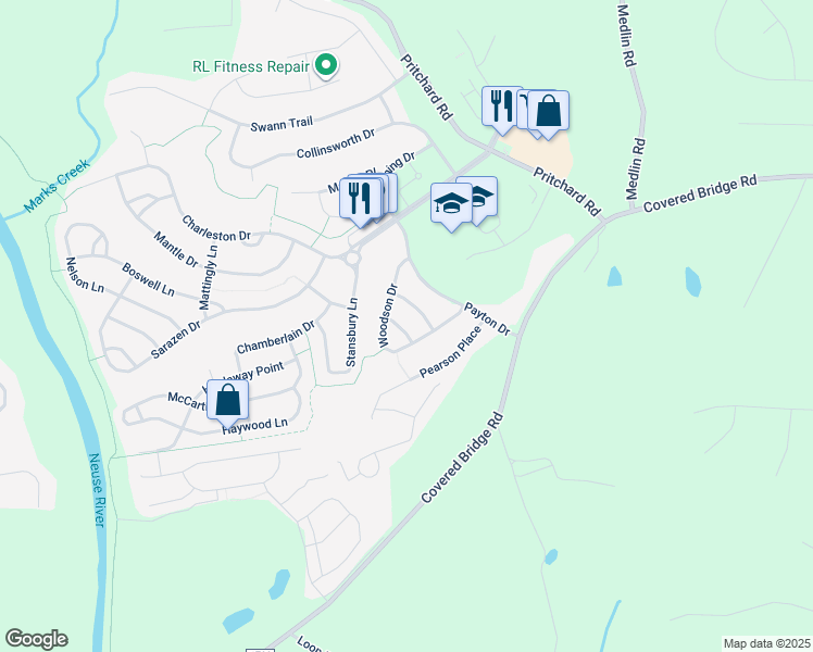 map of restaurants, bars, coffee shops, grocery stores, and more near 136 Winslow Lane in Clayton