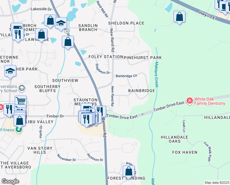 map of restaurants, bars, coffee shops, grocery stores, and more near 101 Bournemouth Lane in Garner