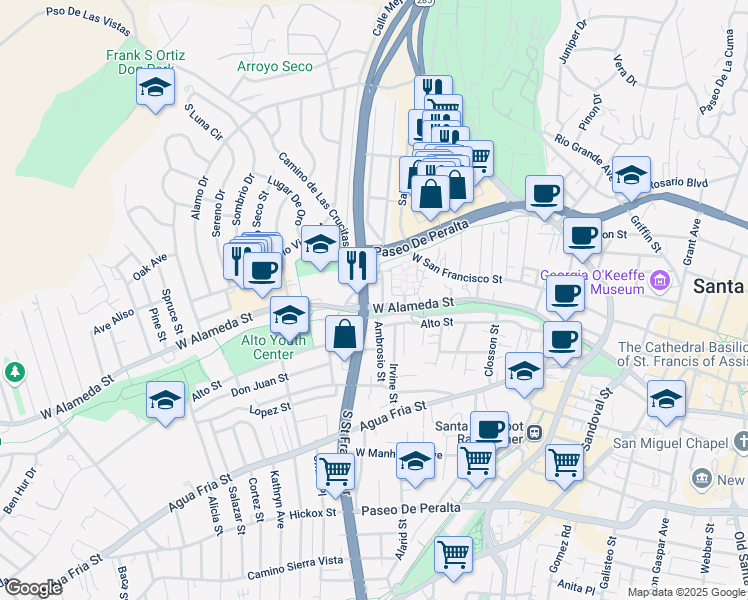 map of restaurants, bars, coffee shops, grocery stores, and more near 107n U.S. 84 in Santa Fe