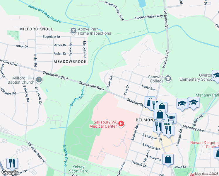 map of restaurants, bars, coffee shops, grocery stores, and more near 2004 Robin Road in Salisbury