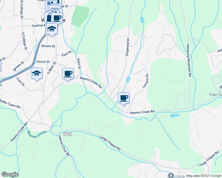 map of restaurants, bars, coffee shops, grocery stores, and more near 10 Dogwood Drive in Weaverville