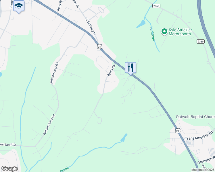 map of restaurants, bars, coffee shops, grocery stores, and more near 153 Byers Road in Troutman