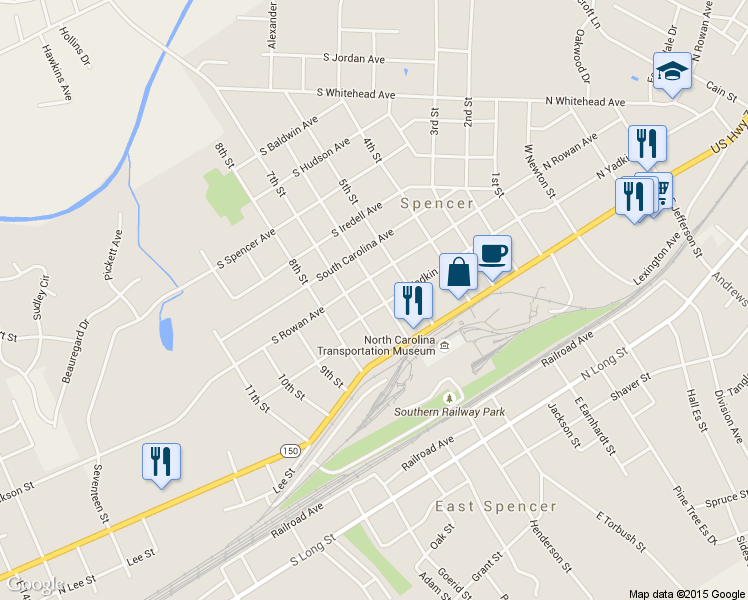 map of restaurants, bars, coffee shops, grocery stores, and more near 602 South Yadkin Avenue in Spencer
