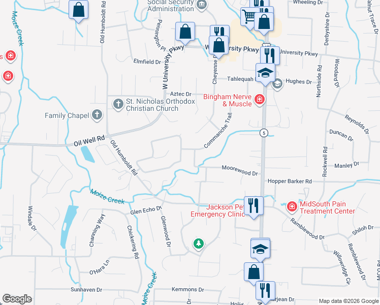 map of restaurants, bars, coffee shops, grocery stores, and more near 189 Commanche Trail in Jackson
