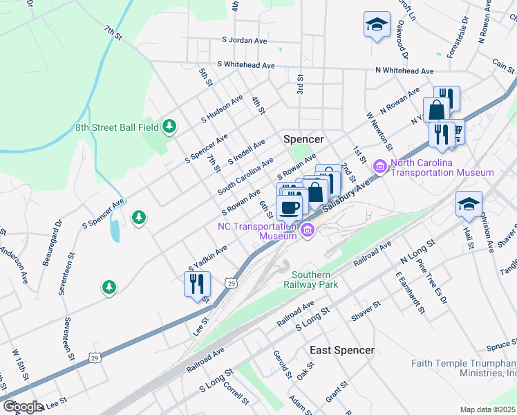 map of restaurants, bars, coffee shops, grocery stores, and more near 602 South Yadkin Avenue in Spencer