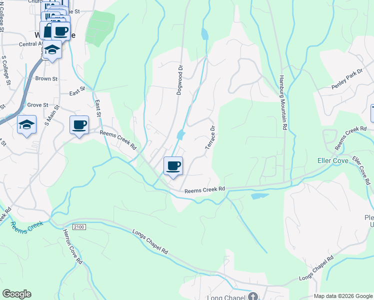 map of restaurants, bars, coffee shops, grocery stores, and more near 99999 Lakeview Lane in Weaverville